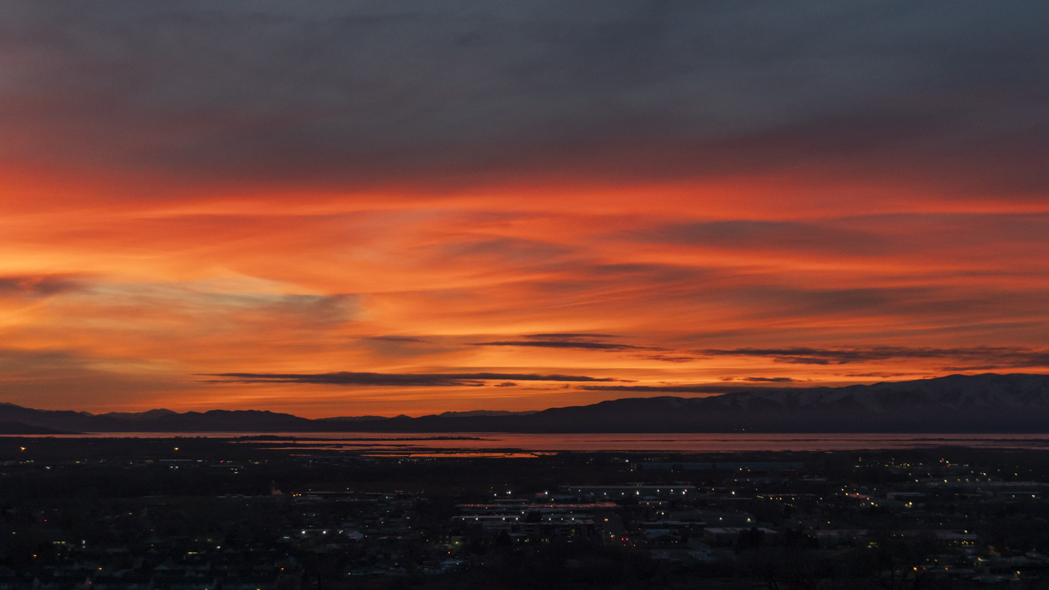 Red sunset clouds over Provo and Utah Lake